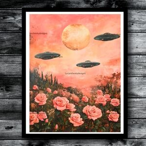 Pink UFO Rose Landscape Surreal Alien Sky Space Art Print Unique 8.5x11